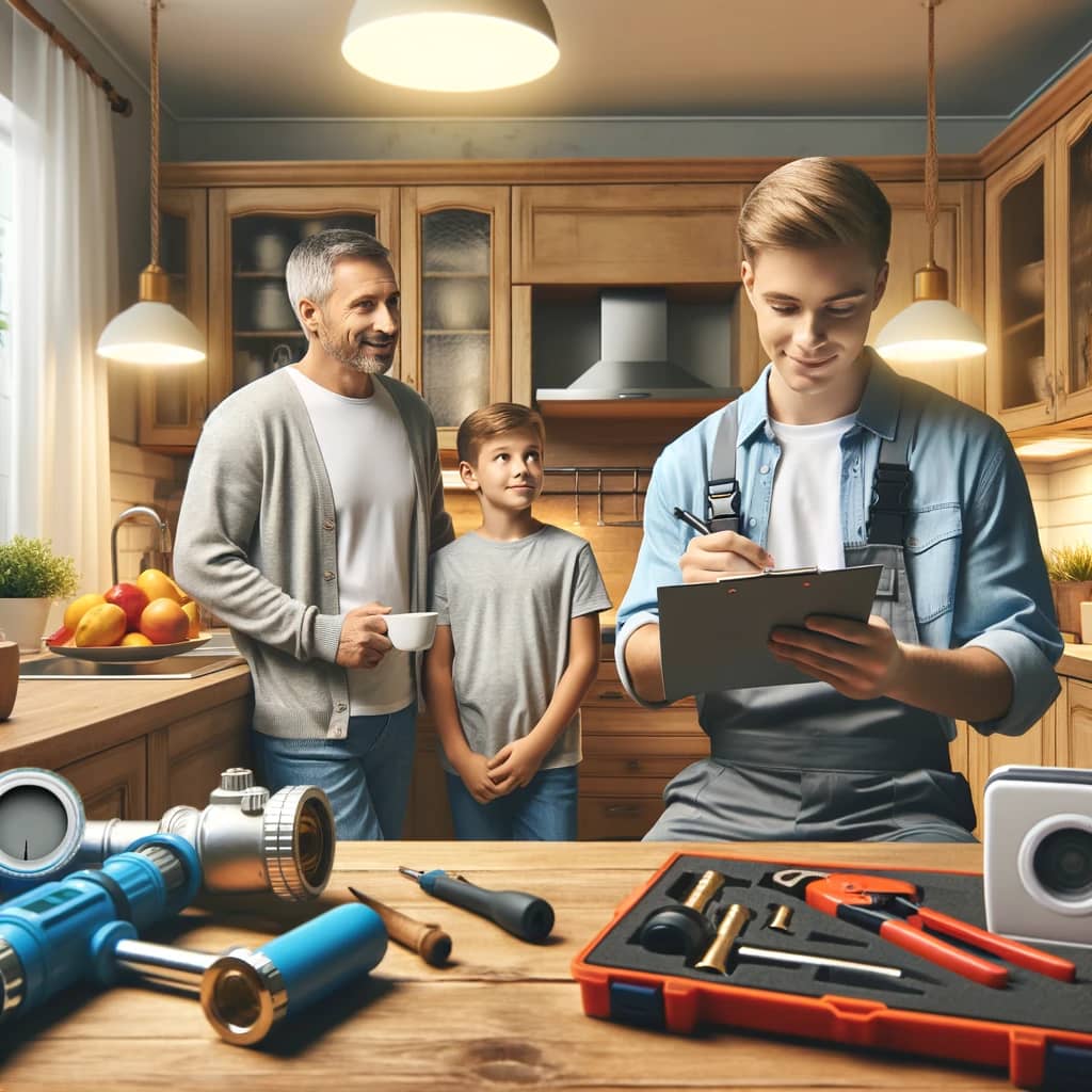 A family in a home inspecting their plumbing system with a professional plumber, highlighting leak prevention tips and modern tools.