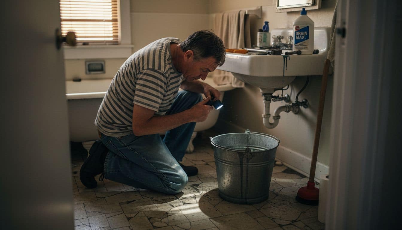Sacramento homeowner inspecting clogged drain