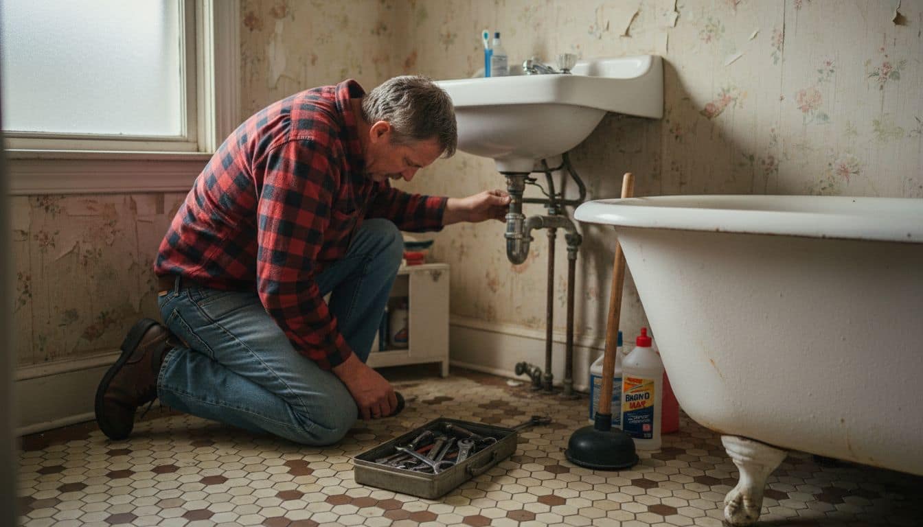 Homeowner checks under-sink bathroom plumbing