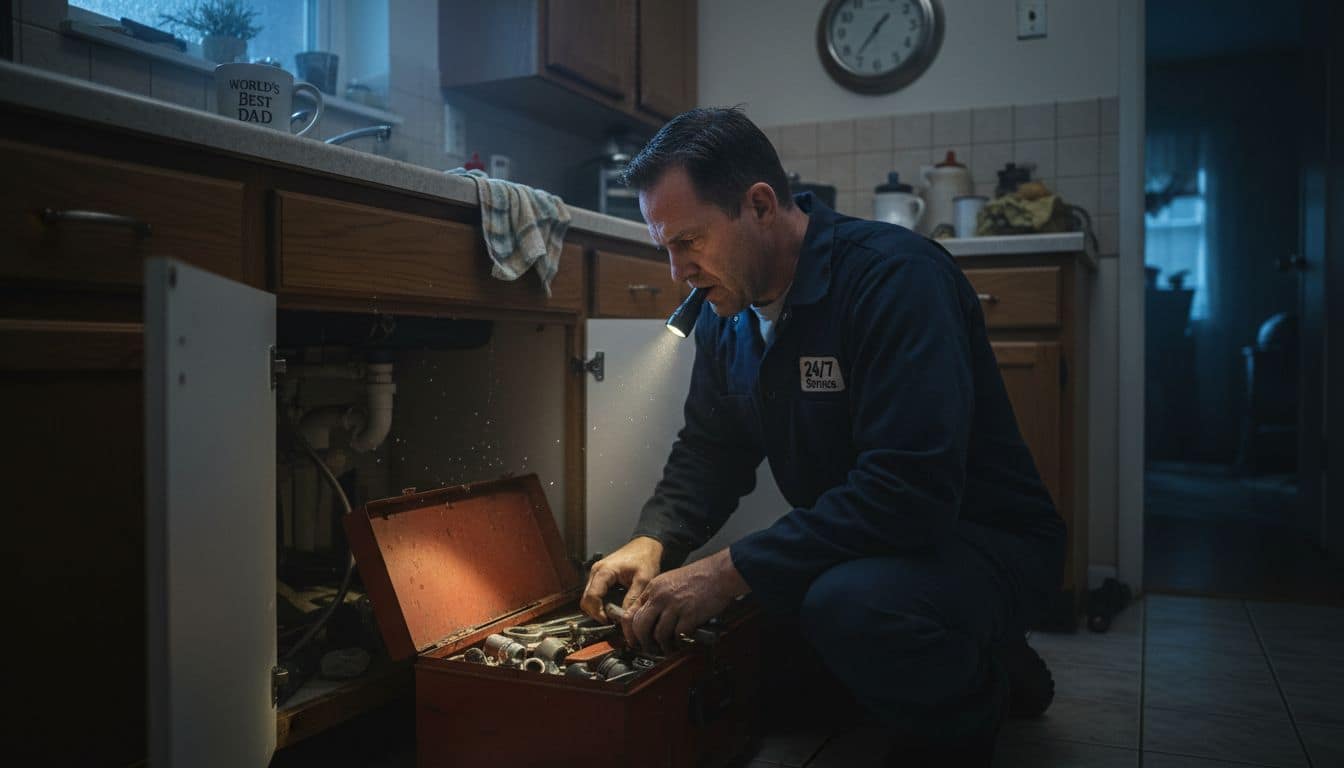 Plumber fixing leaking sink in home at night