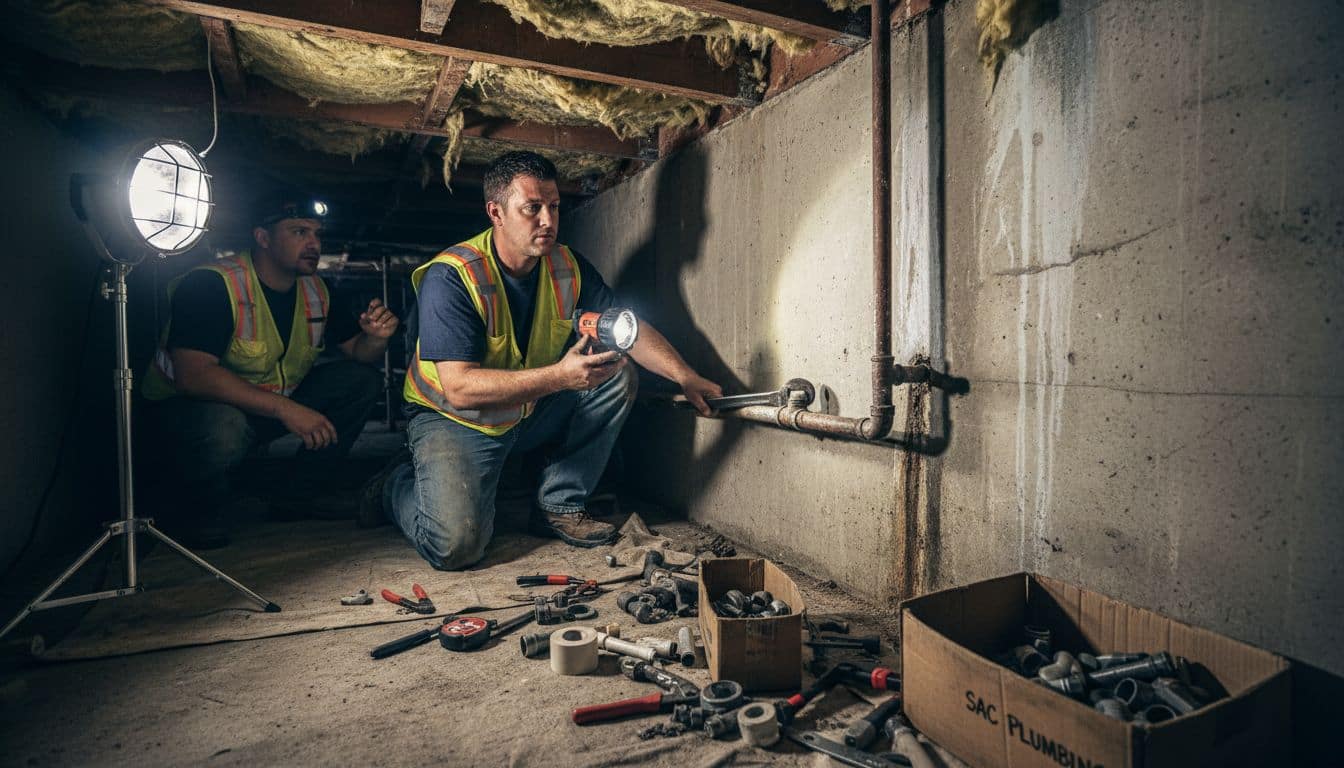 Plumbers performing urgent pipe replacement in crawl space