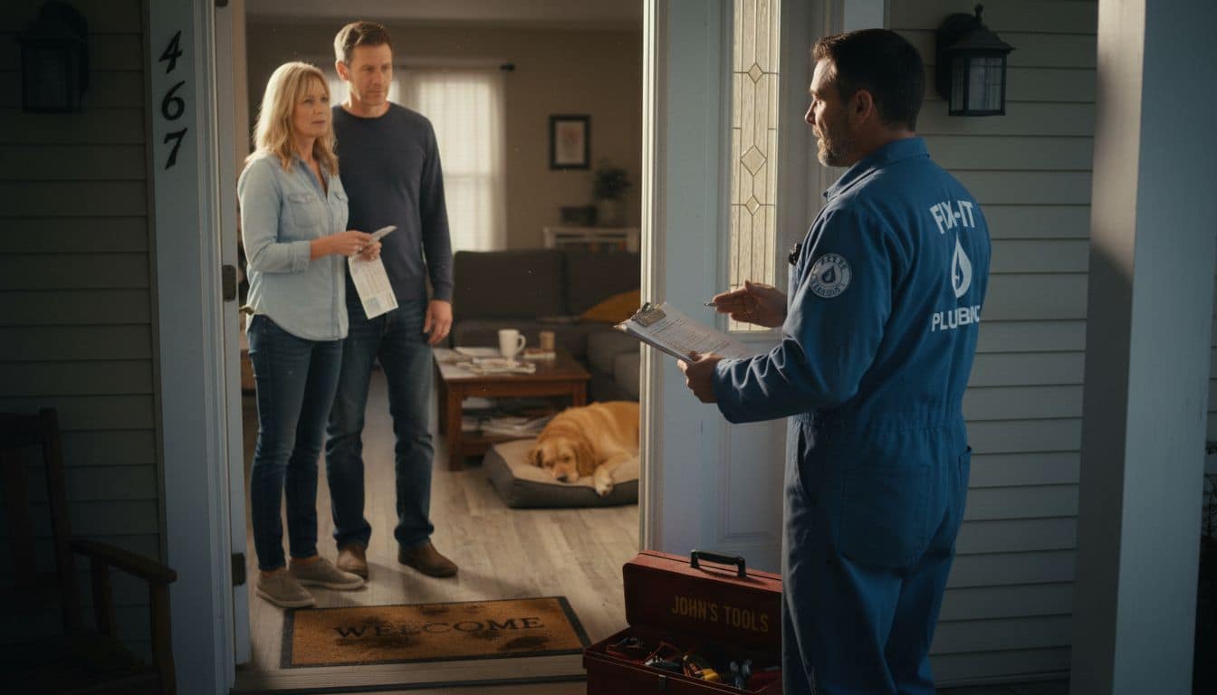 Plumber discussing service with homeowners