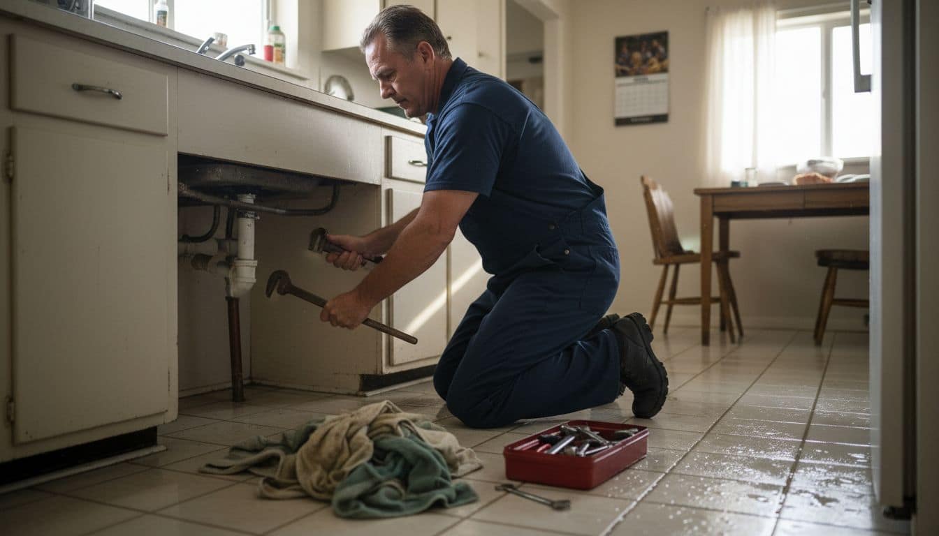 Emergency plumber fixing leak in Sacramento kitchen