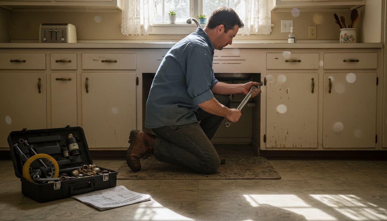Plumber repairing pipe in Sacramento kitchen