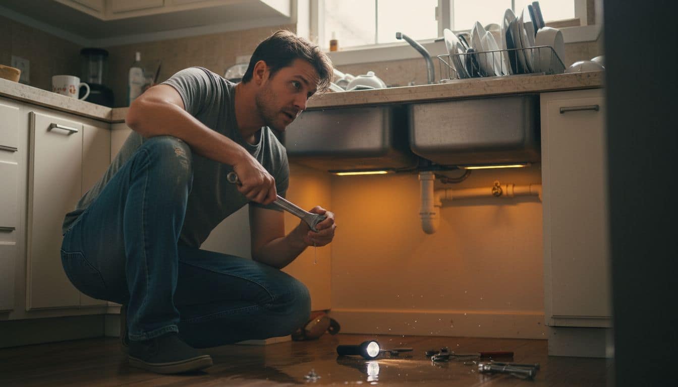 Homeowner fixing leaking pipe under kitchen sink