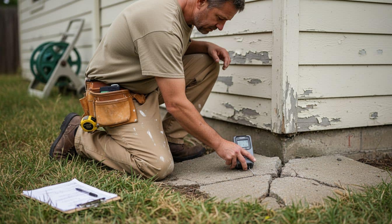 Plumber inspecting cracked home foundation slab