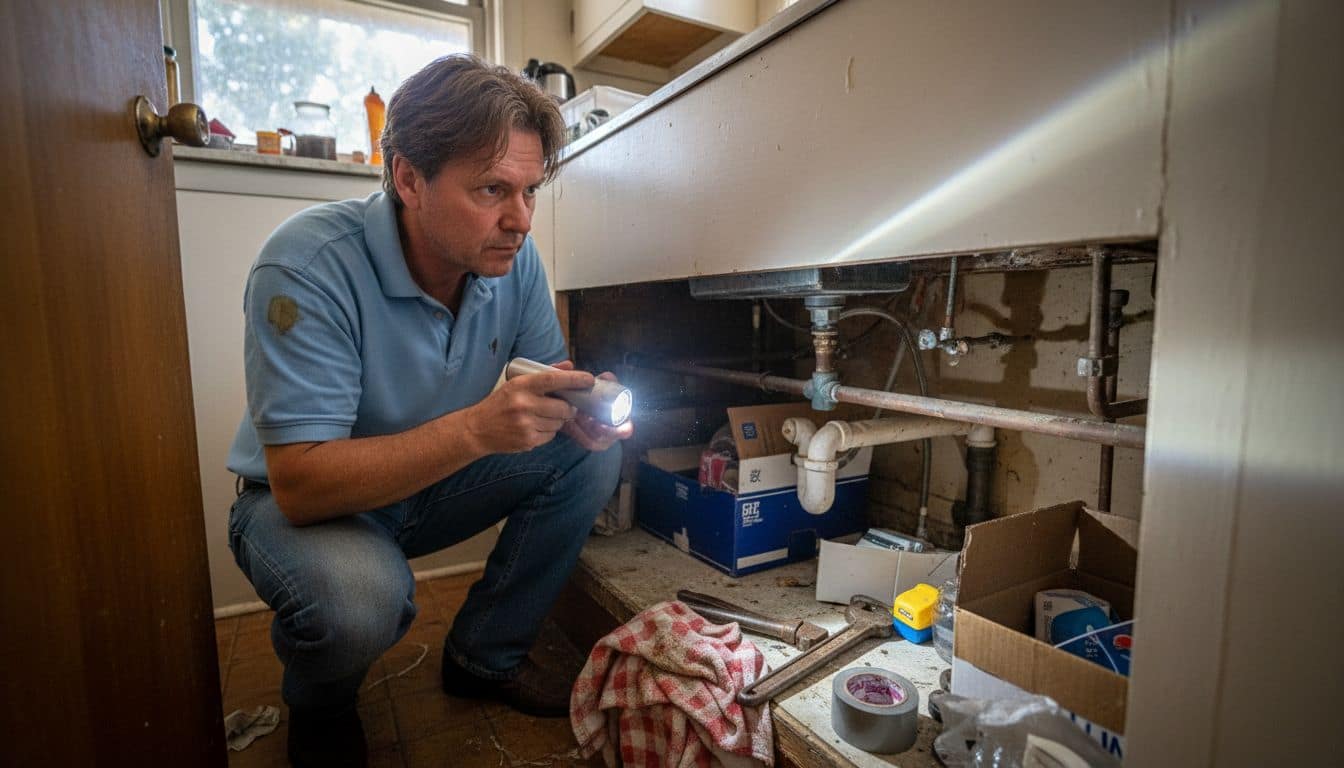 Homeowner checks pipes under kitchen sink