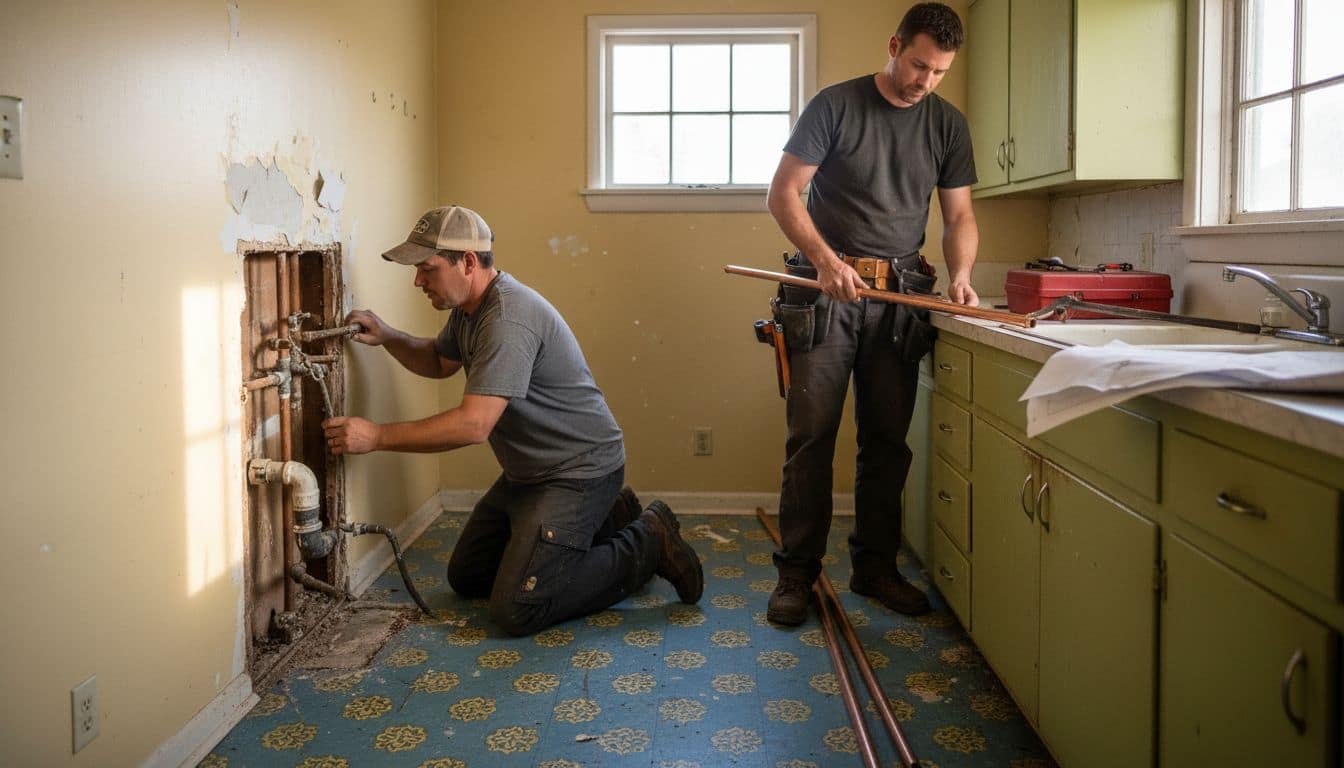 Plumbers preparing repiping job in vintage kitchen