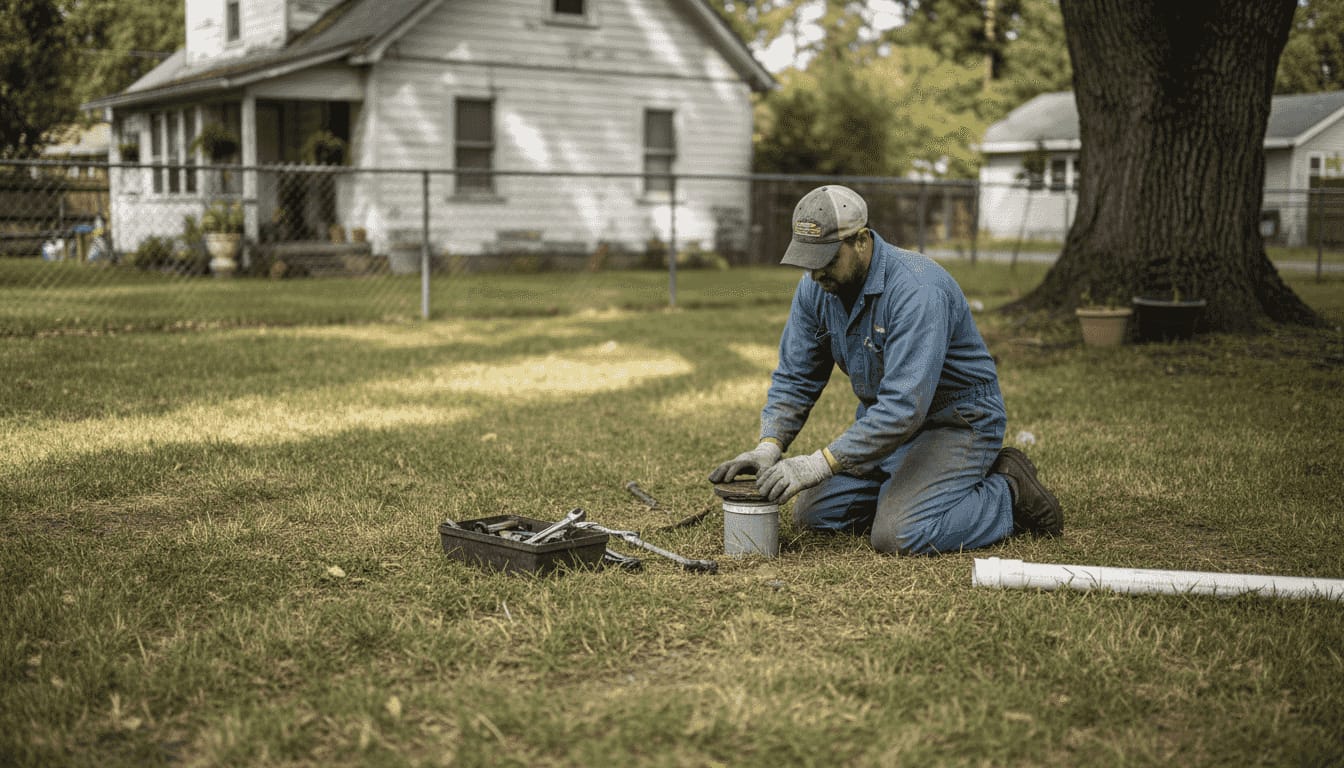 Technician inspecting sewer line in Sacramento yard