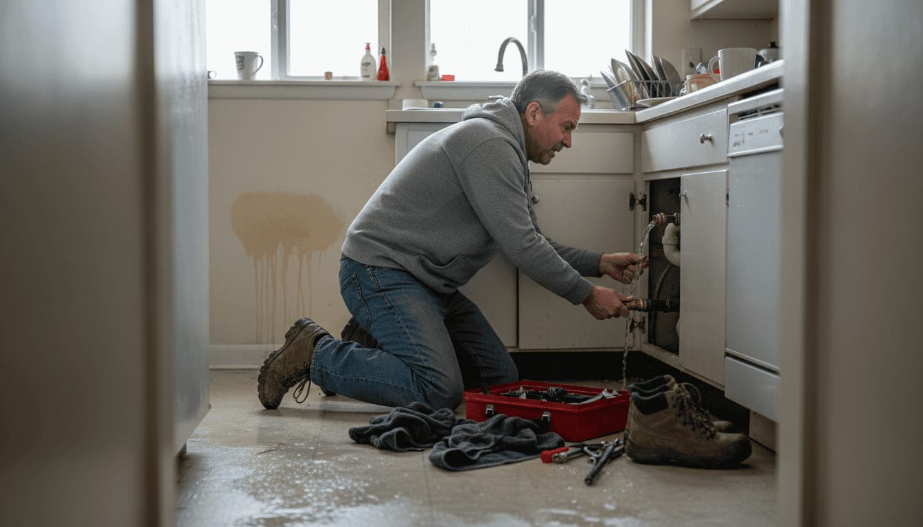 Homeowner shutting off water valve during kitchen flood