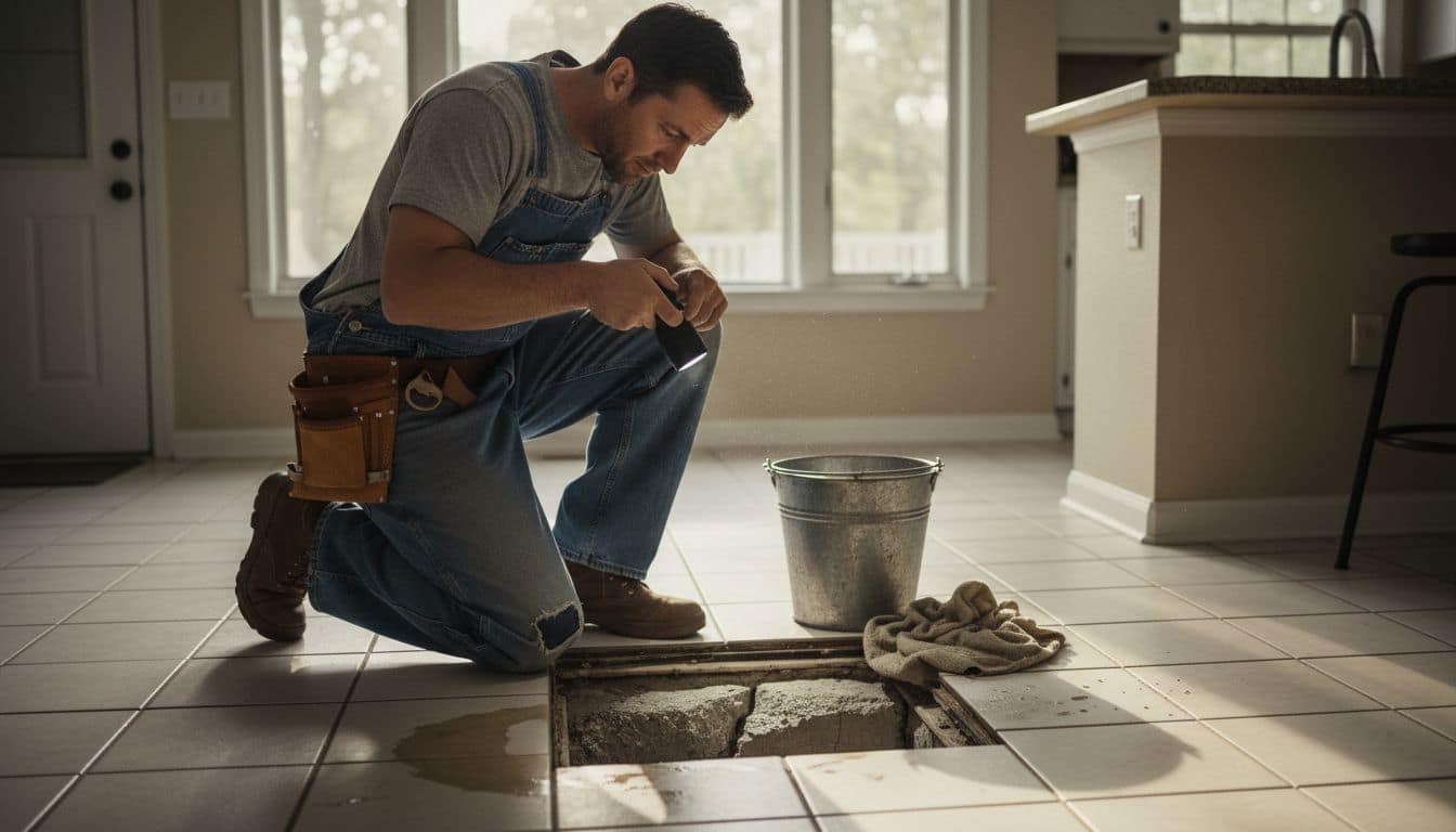 Plumber inspecting slab leak in kitchen floor