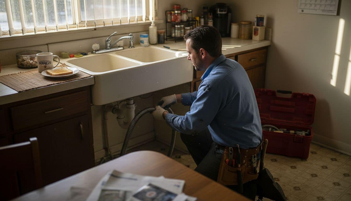 Plumber cleaning kitchen drain in Sacramento home