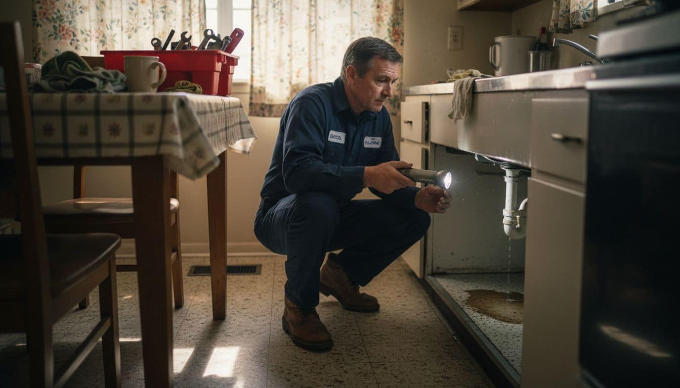 Sacramento plumber inspecting leak under sink