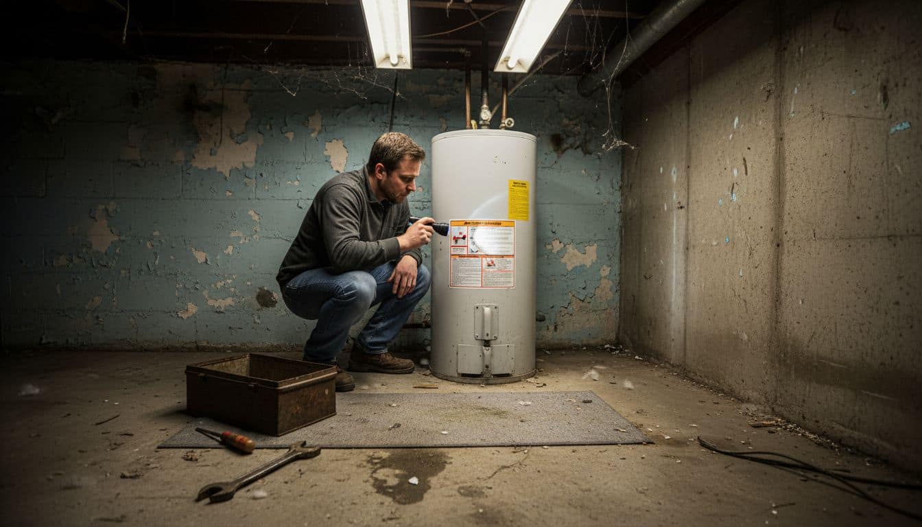 Homeowner inspecting basement water heater for issues