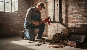 Plumber working on old Sacramento basement pipes