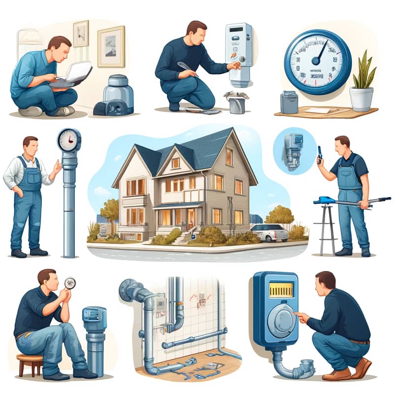 A homeowner using various methods to detect water leaks in their home’s plumbing system, including checking pipes, using a water meter, installing leak detectors, and a professional plumber using an acoustic leak detector.