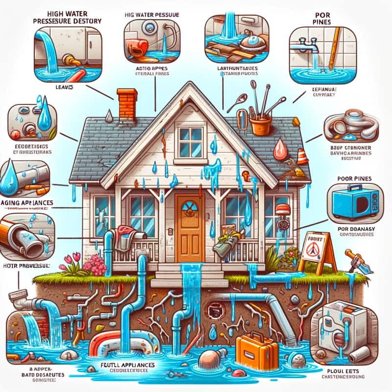 A detailed illustration showing various common causes of water leaks in a home, including high water pressure, aging pipes, faulty appliances, and poor drainage.